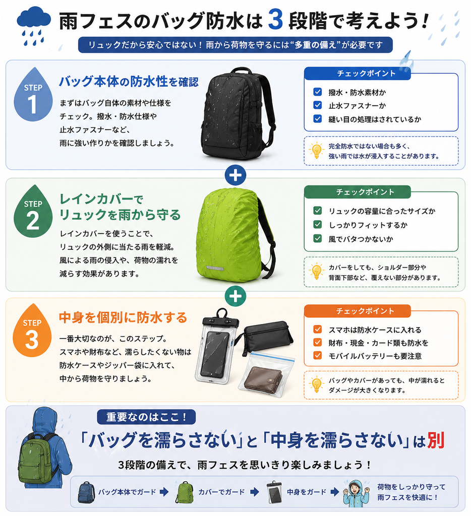 雨フェスのバッグ防水についての説明画像