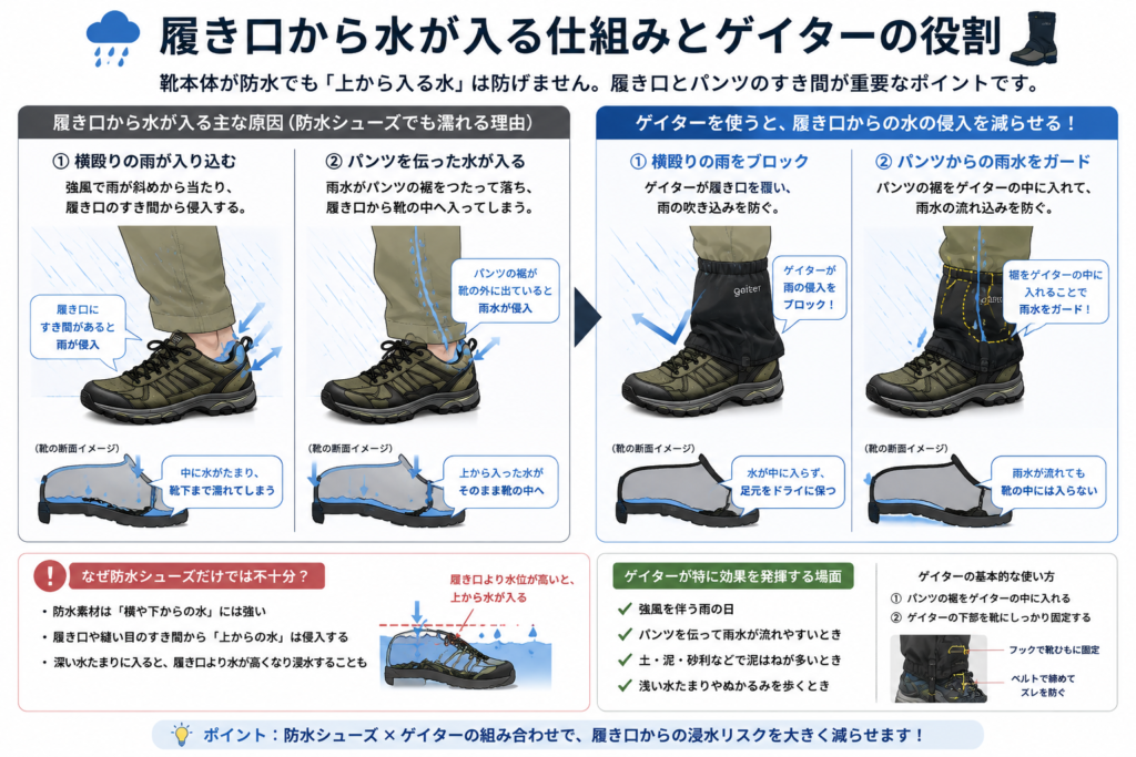 靴のどこから水が入る仕組みとゲイターの役割