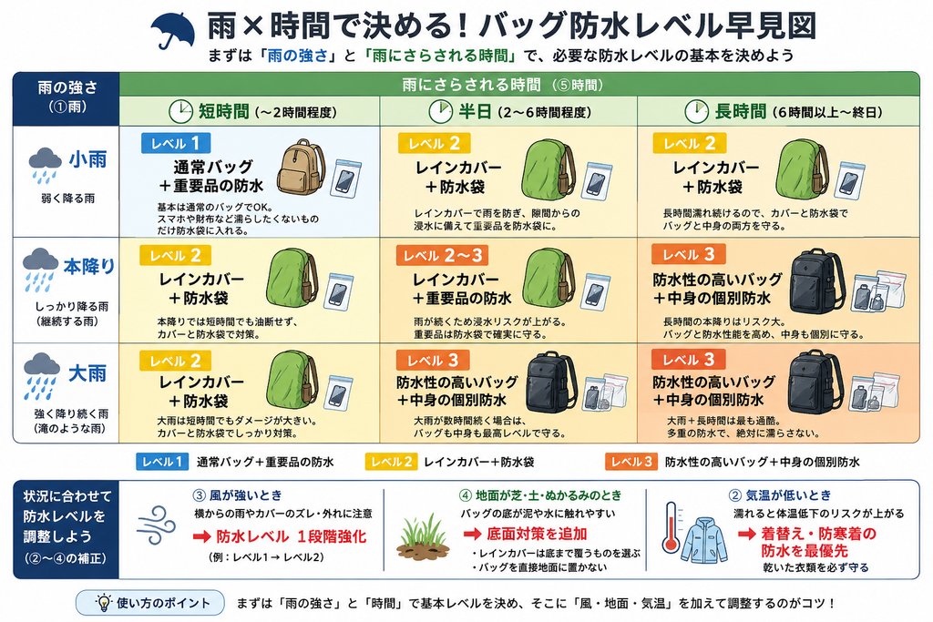 雨と時間で決めるバッグ防水レベルを説明する画像