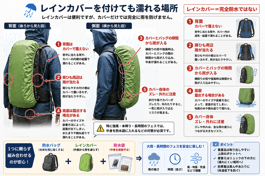 レインカバーを付けても濡れやすい場所を説明する画像