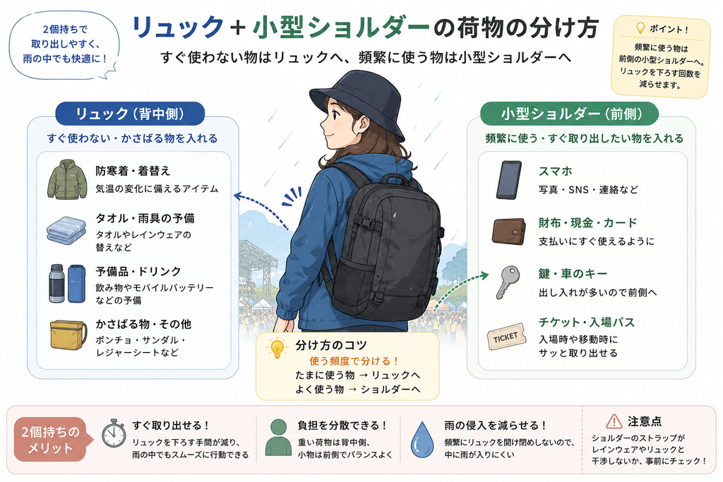 雨フェスでのリュックとショルダーの荷物の分け方