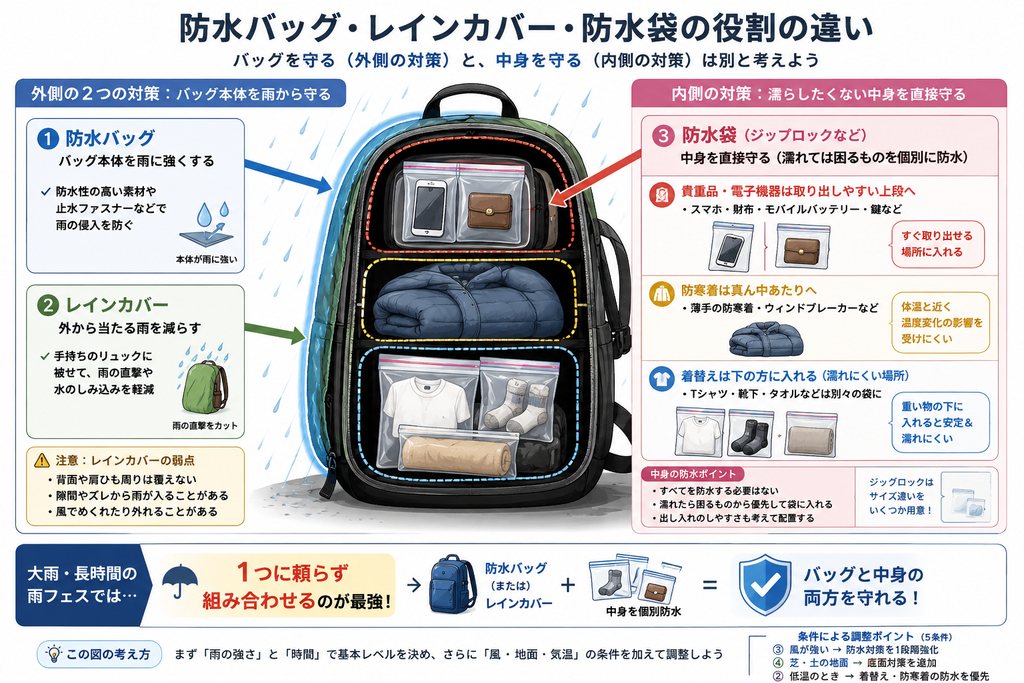 防水バッグ、レインカバー、防水袋の役割の違いについて説明する画像