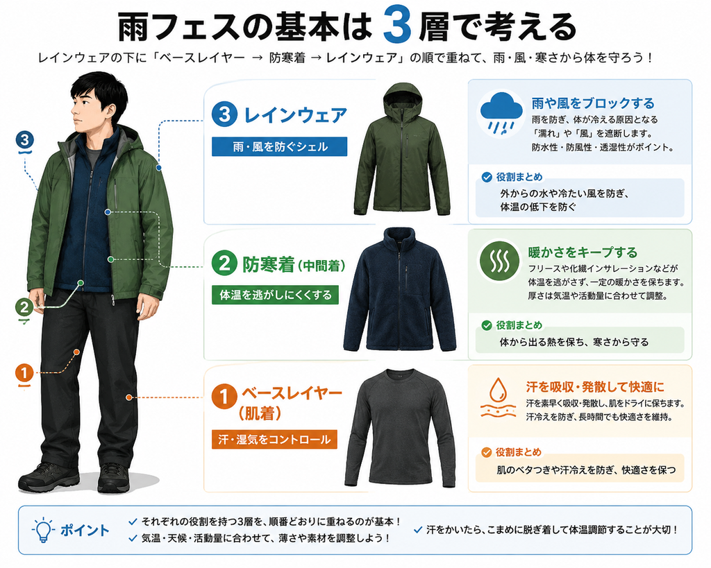 雨フェスの基本は3層の説明図
①ベースレイヤー
②防寒着
③レインウェア