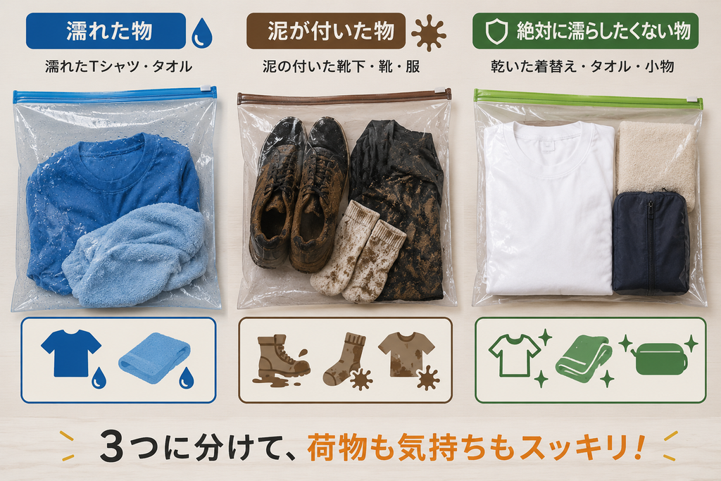 雨フェスで濡れた服・泥が付いた物・乾いた着替えを3つの袋に分けて収納する方法