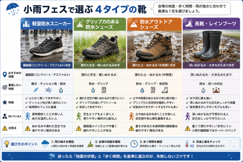 小雨の雨フェスで選ぶ軽量防水スニーカー・防水シューズ・防水アウトドアシューズ・長靴の比較
