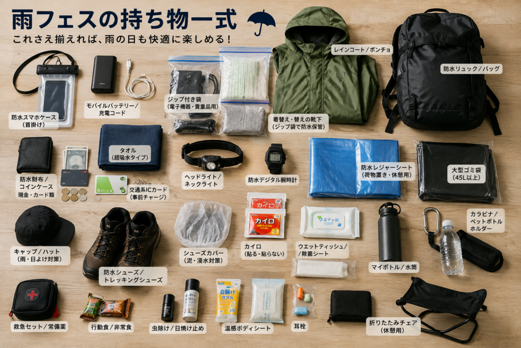 雨フェスの持ち物一式を並べたイメージ画像