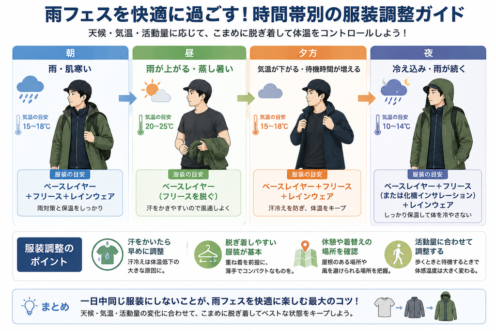 雨フェスを快適に過ごすための時間帯別の服装調整ガイドの説明画像