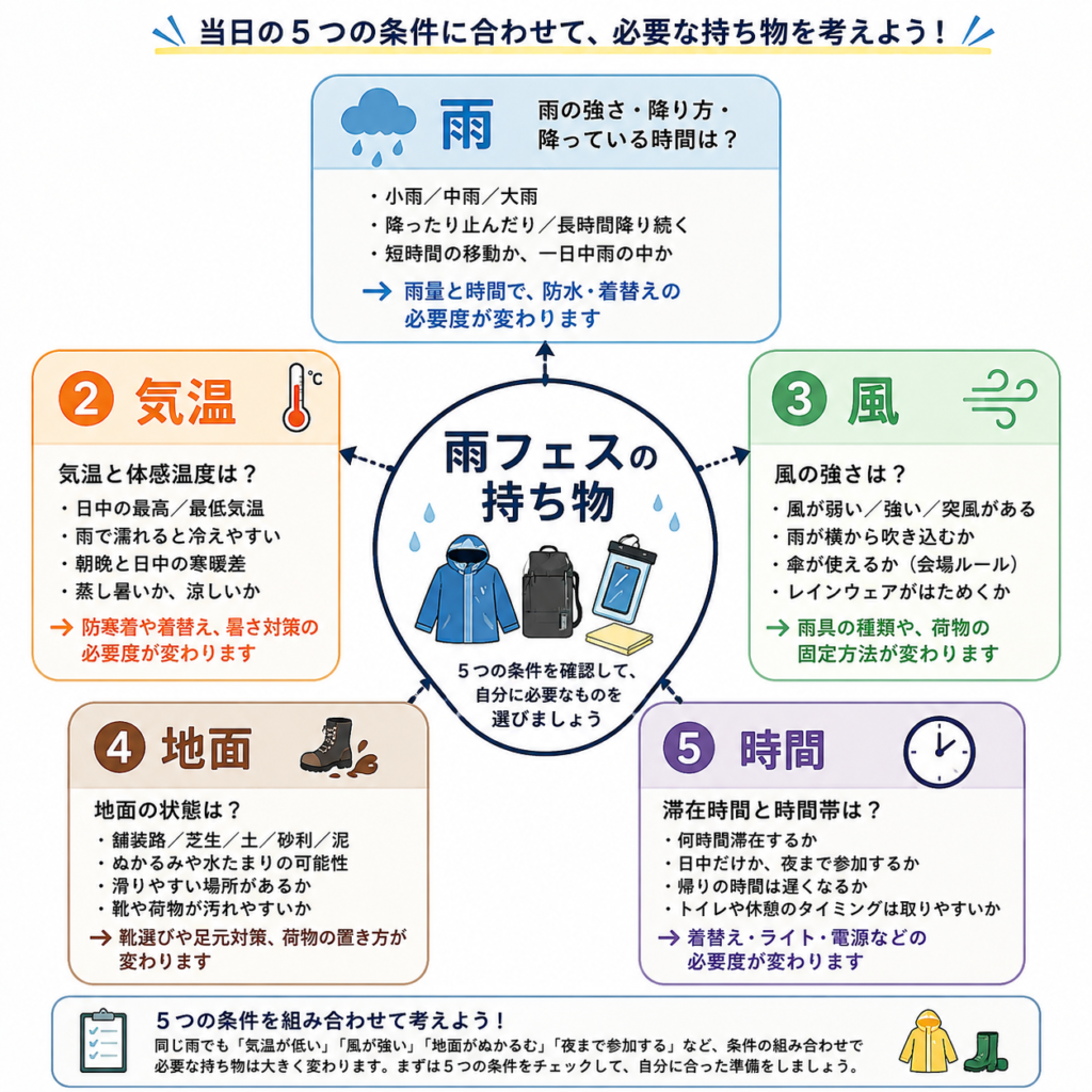 フェス雨の日の5つの条件での持ち物を説明する画像