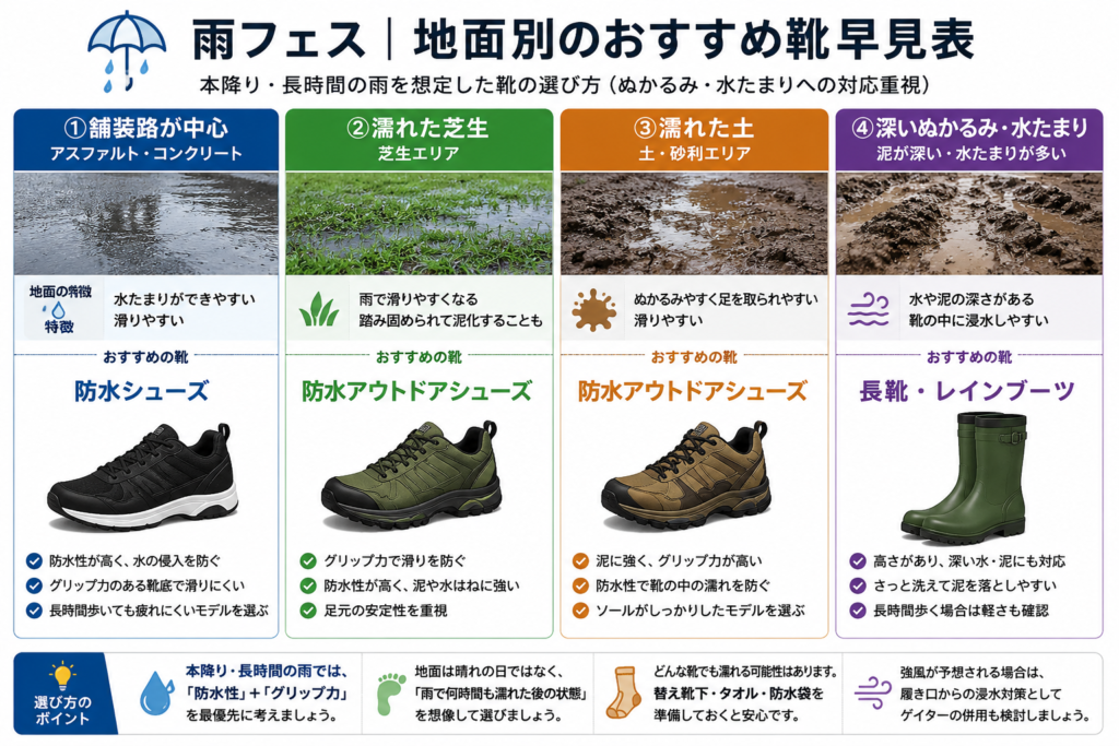 雨フェス　地面別のおすすめ靴の説明画像