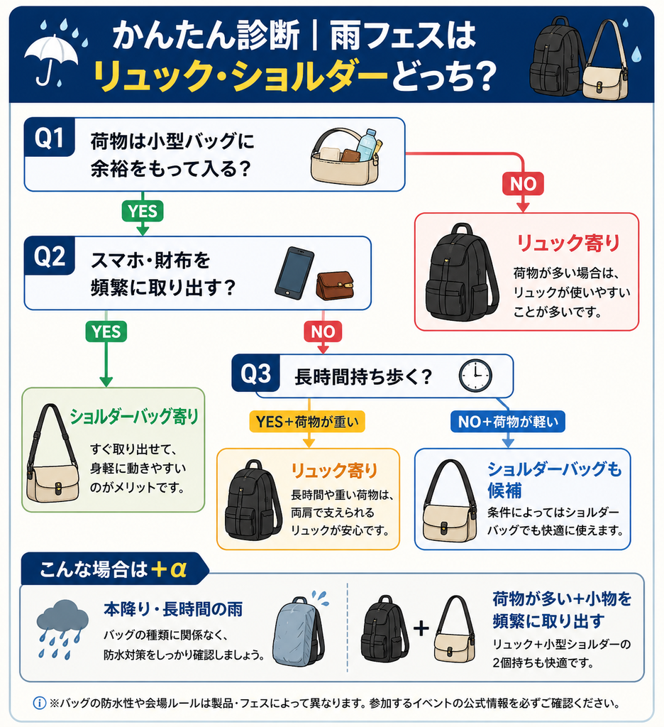 リュックとショルダーバッグのどちらが雨フェスではよいかを説明する画像