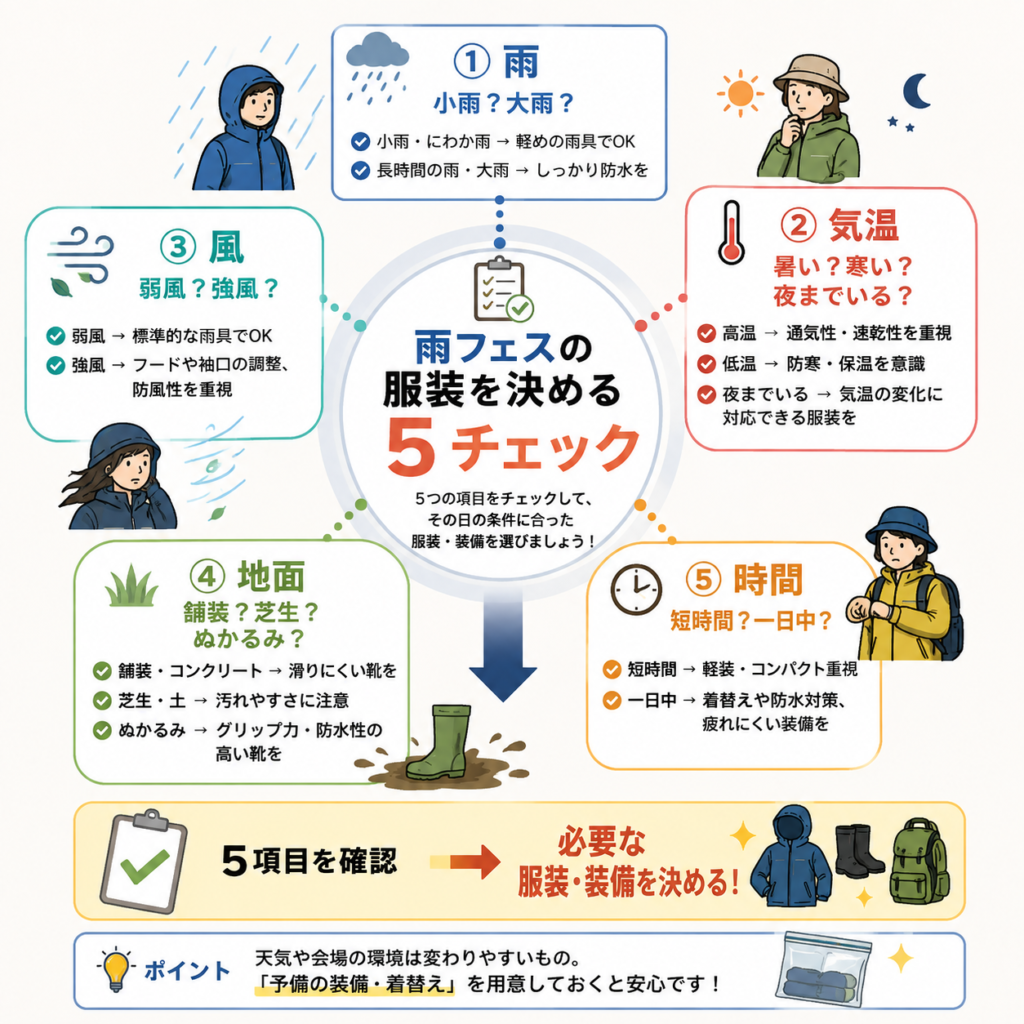 「雨フェス当日の5項目チェック」図解