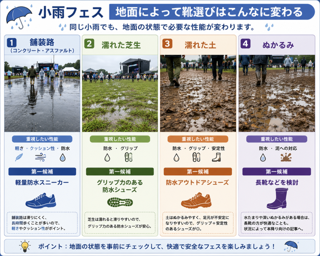 小雨の雨フェスで舗装路・濡れた芝生・土・ぬかるみ別に適した靴を比較した図