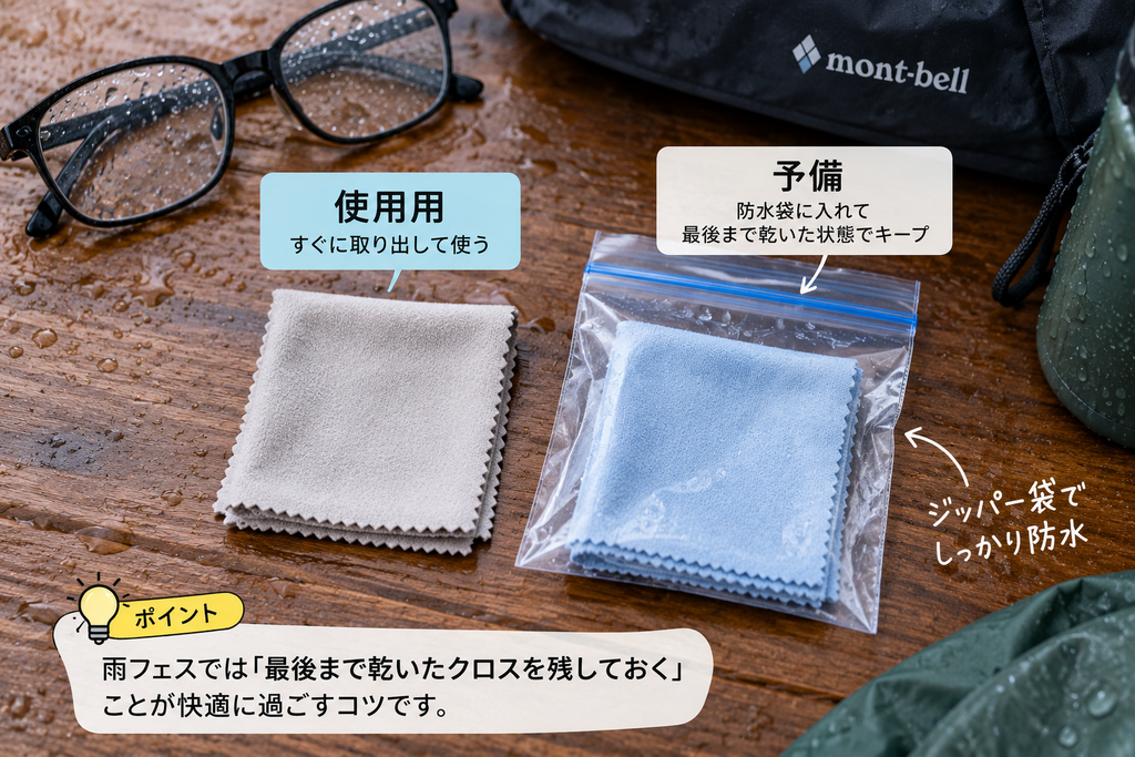 雨フェス用に防水袋へ入れた予備のメガネ拭き画像