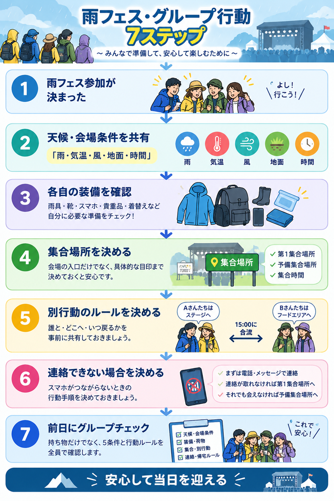 雨フェス・グループ行動7ステップのフロー図