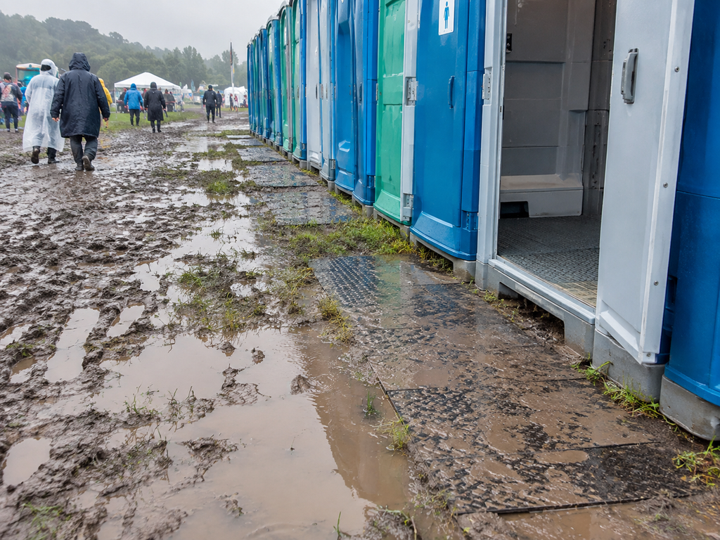 雨フェスの仮設トイレ周辺の「泥・水たまり」の画像