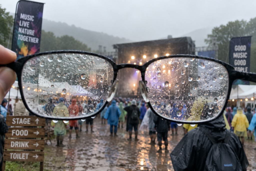 雨フェスでレンズに水滴が付いたメガネの画像