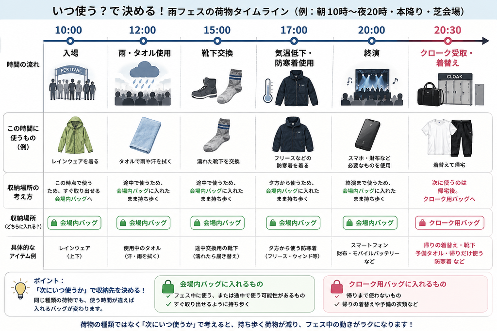 雨フェスの荷物は「いつ使うか」で収納先を決めるの説明画像