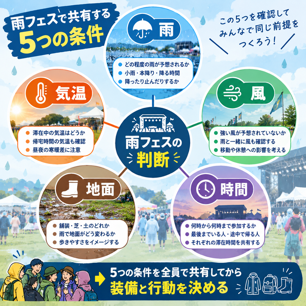 雨フェスで共有する5条件の図解