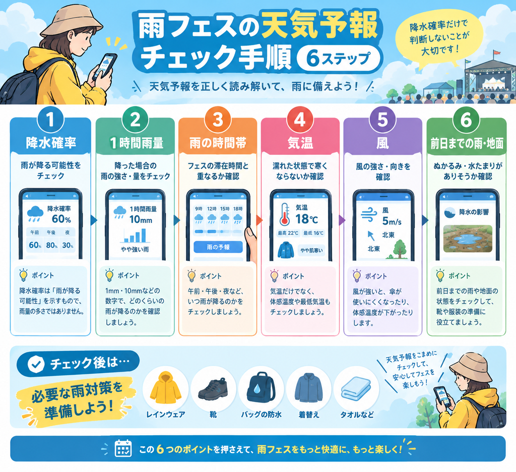 雨フェスの天気予報チェック手順の説明画像
