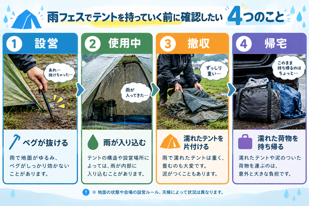 雨フェスでテントを持っていく前に確認したい４つの説明画像