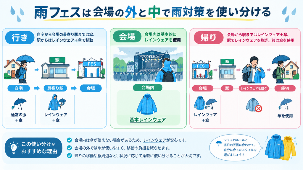 雨フェスは会場の外と中で雨対策を使い分けるの説明画像